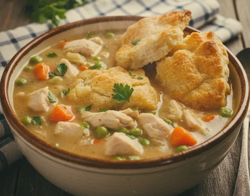 Delicious Chicken Pot Pie Soup served in a white bowl with fresh herbs on top.