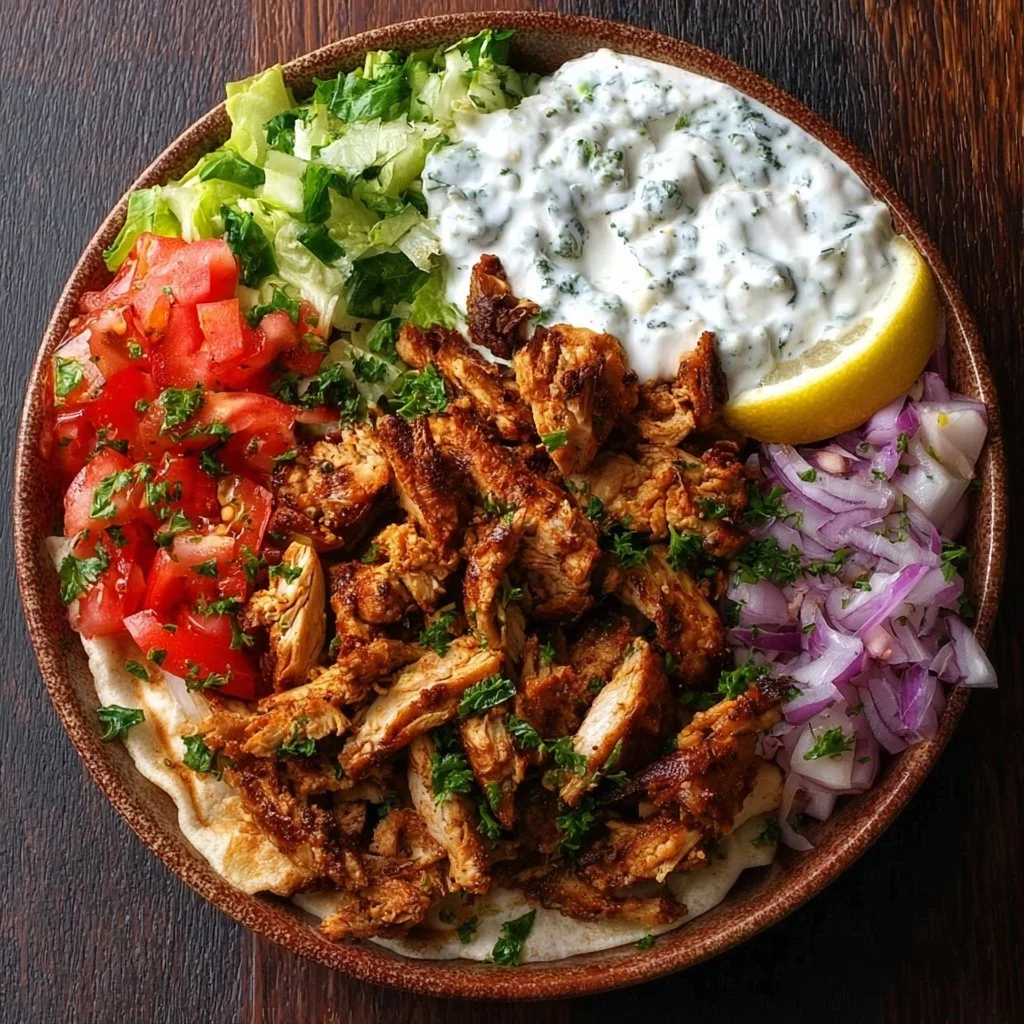 Chicken Shawarma Bowl featuring spiced chicken, fresh veggies, and flavorful sauces