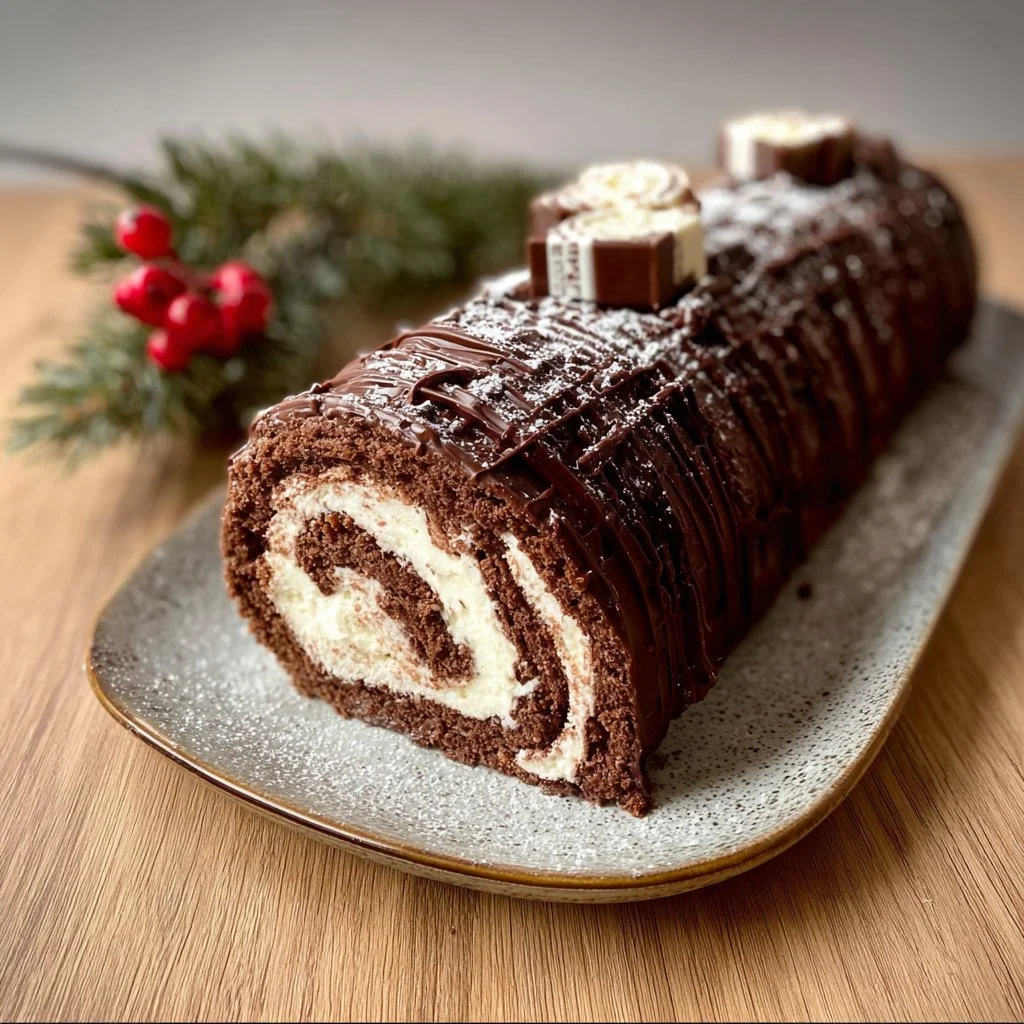 Festive Child's Joy Yule Log Cake decorated for the holiday season