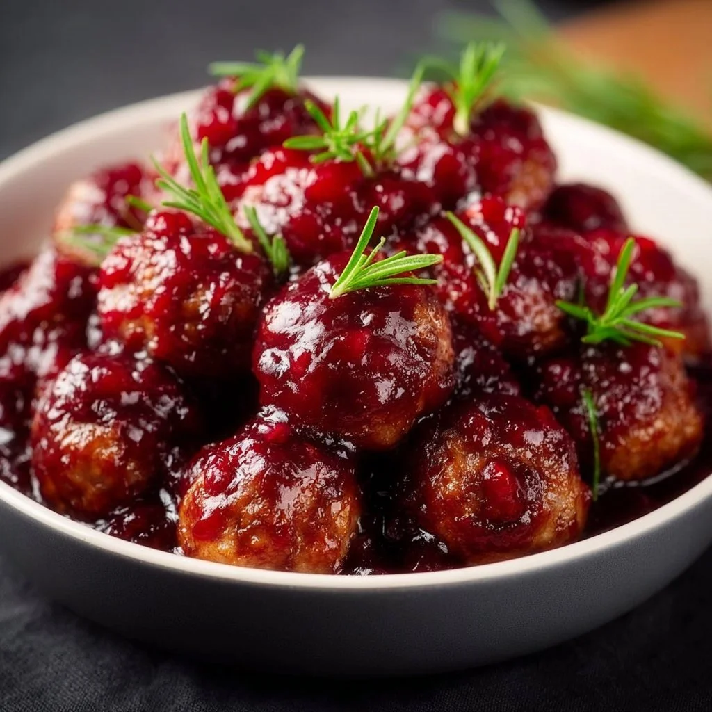 Delicious Christmas Cranberry Meatballs served on a festive platter