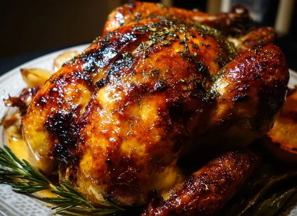 Cider Brined Roast Chicken garnished with herbs and served on a platter