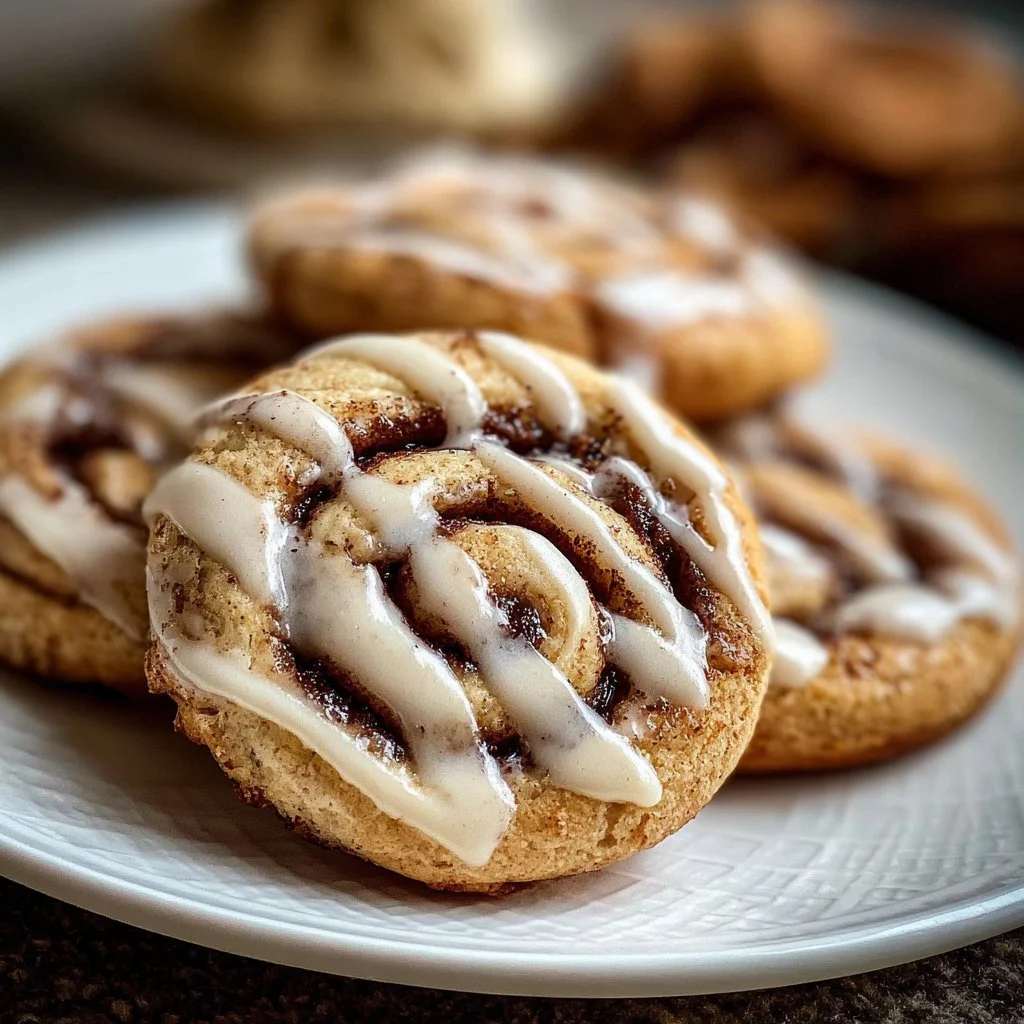 Freshly baked cinnamon roll cookies drizzled with icing.