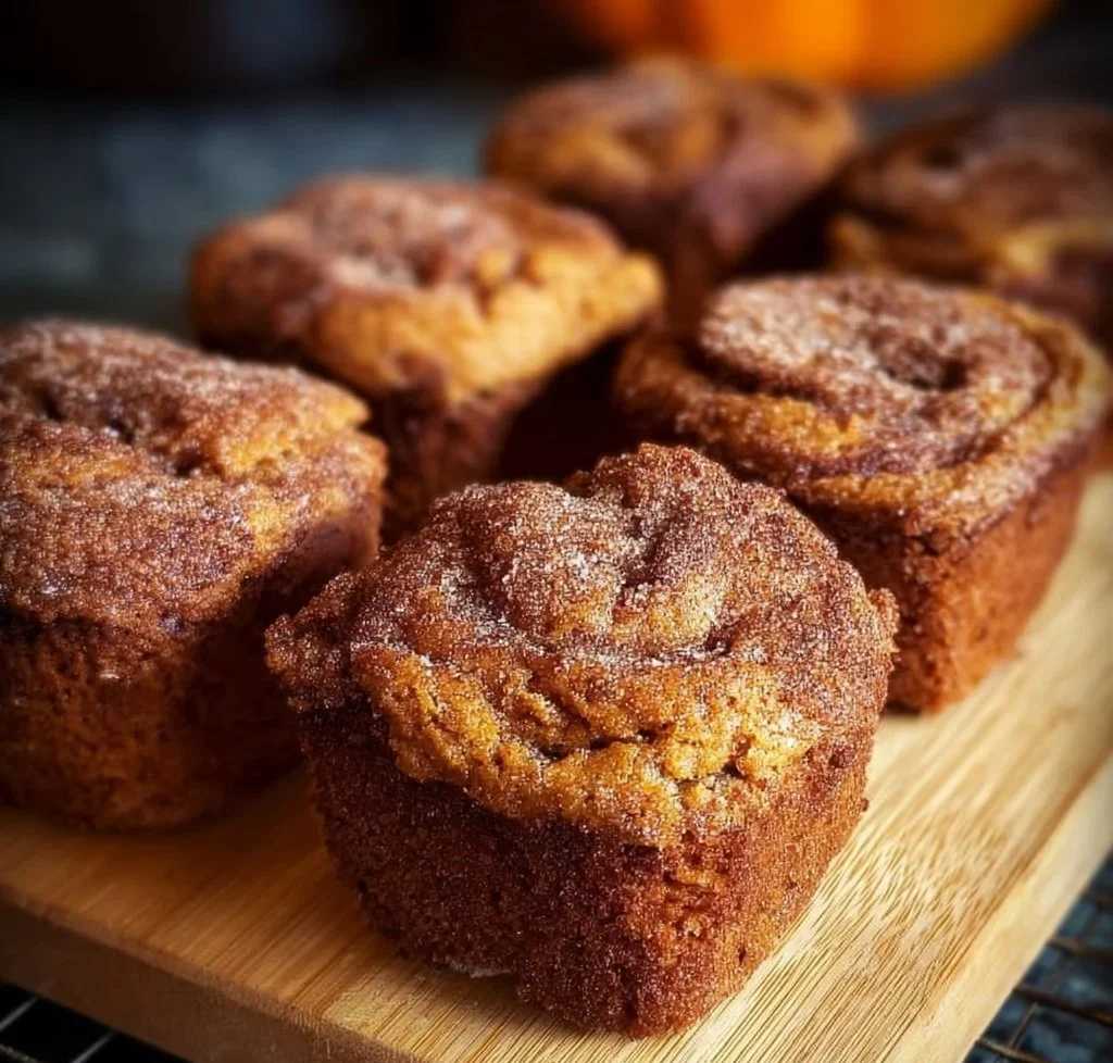 Freshly baked cinnamon swirl pumpkin bread minis on a wooden table