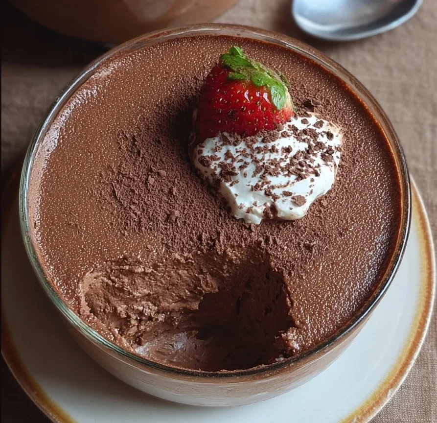 A delicious bowl of classic French chocolate mousse topped with chocolate shavings.