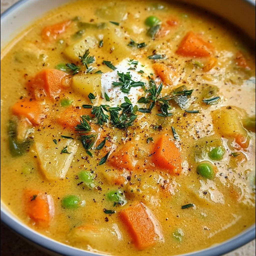 Bowl of comforting one-pot creamy vegetable soup with fresh vegetables.