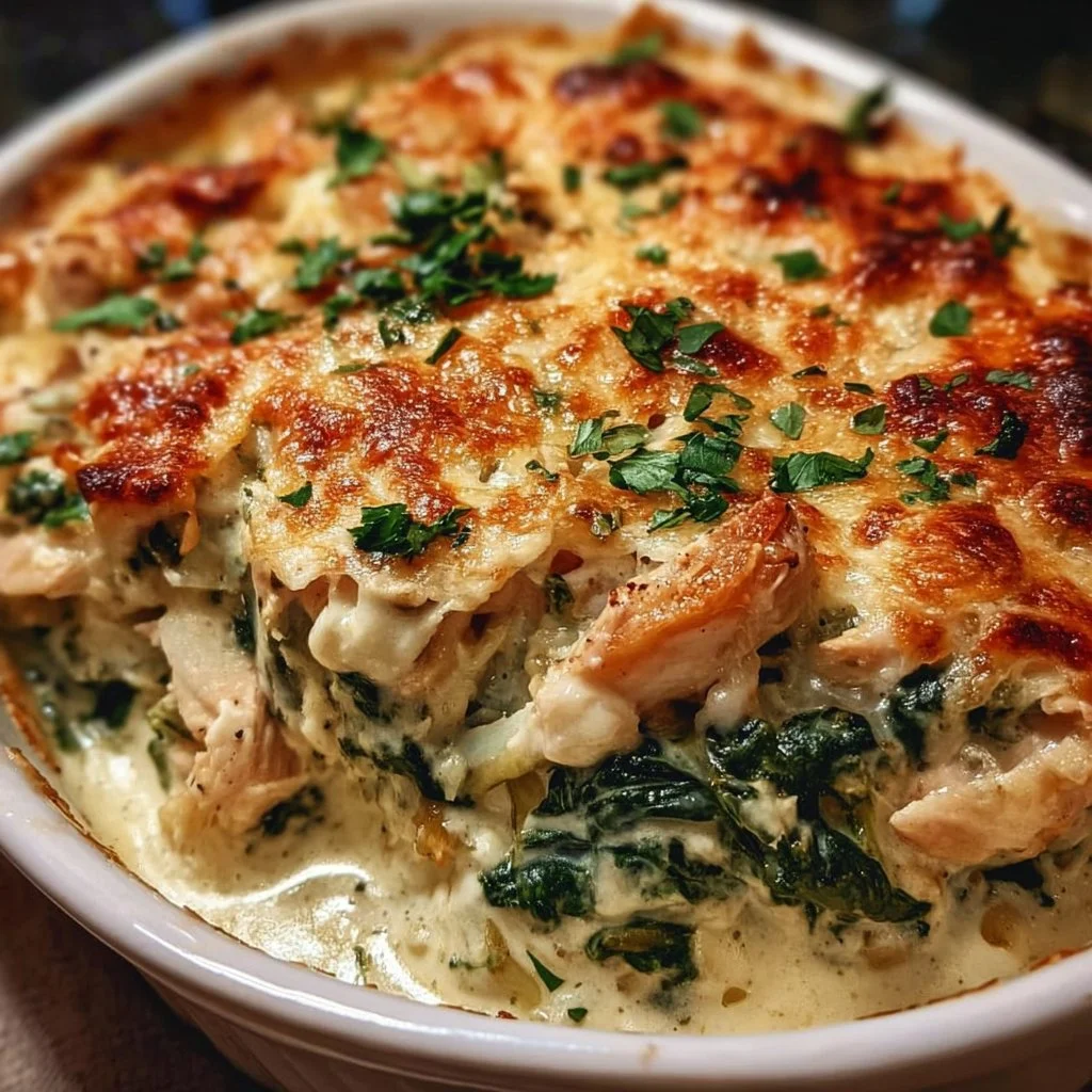 Creamy chicken and spinach casserole dish ready to serve