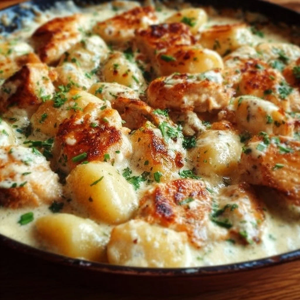 Creamy Garlic Chicken Gnocchi Skillet with chicken and herbs in a skillet