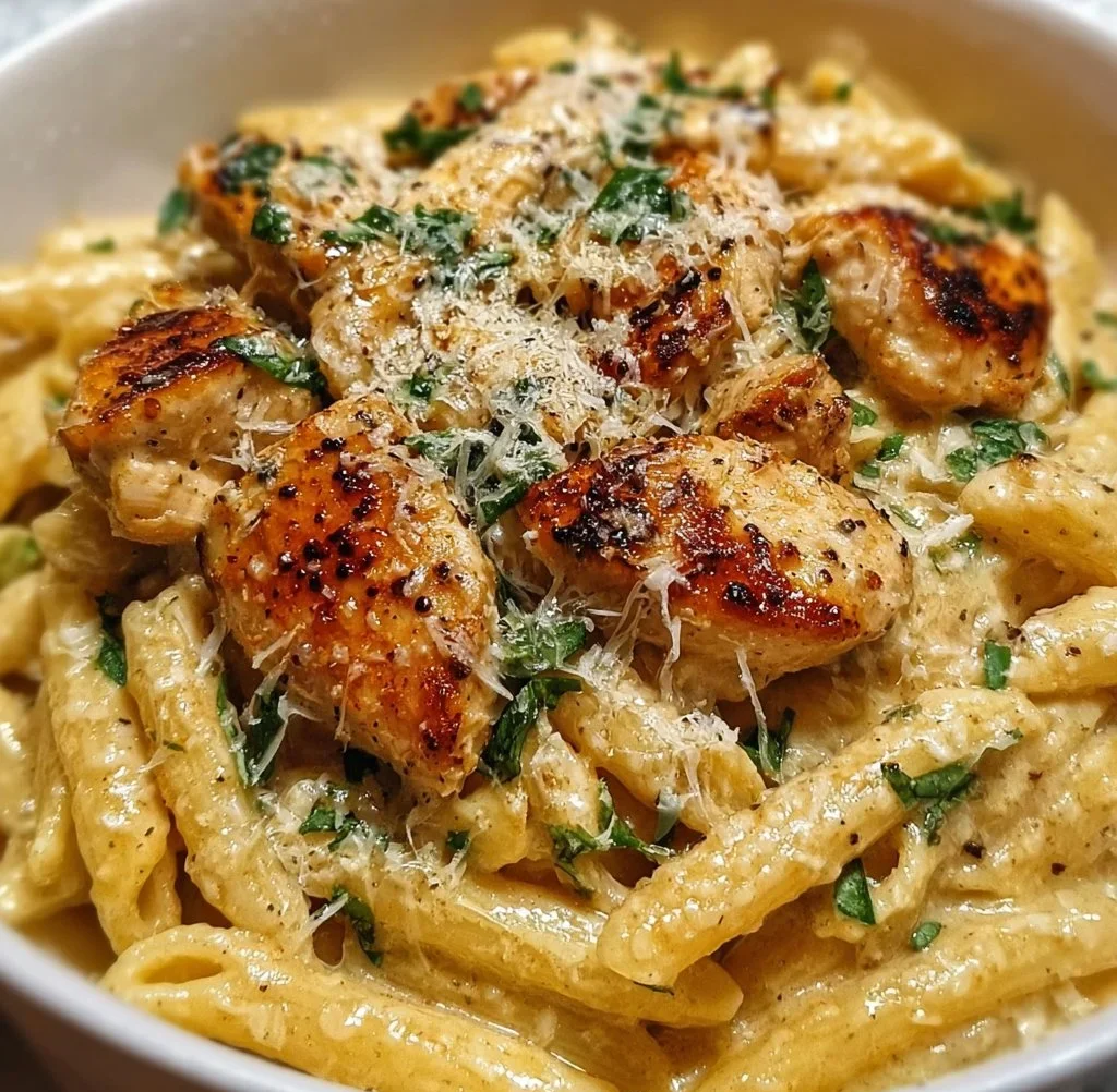 Creamy garlic parmesan chicken pasta topped with fresh herbs