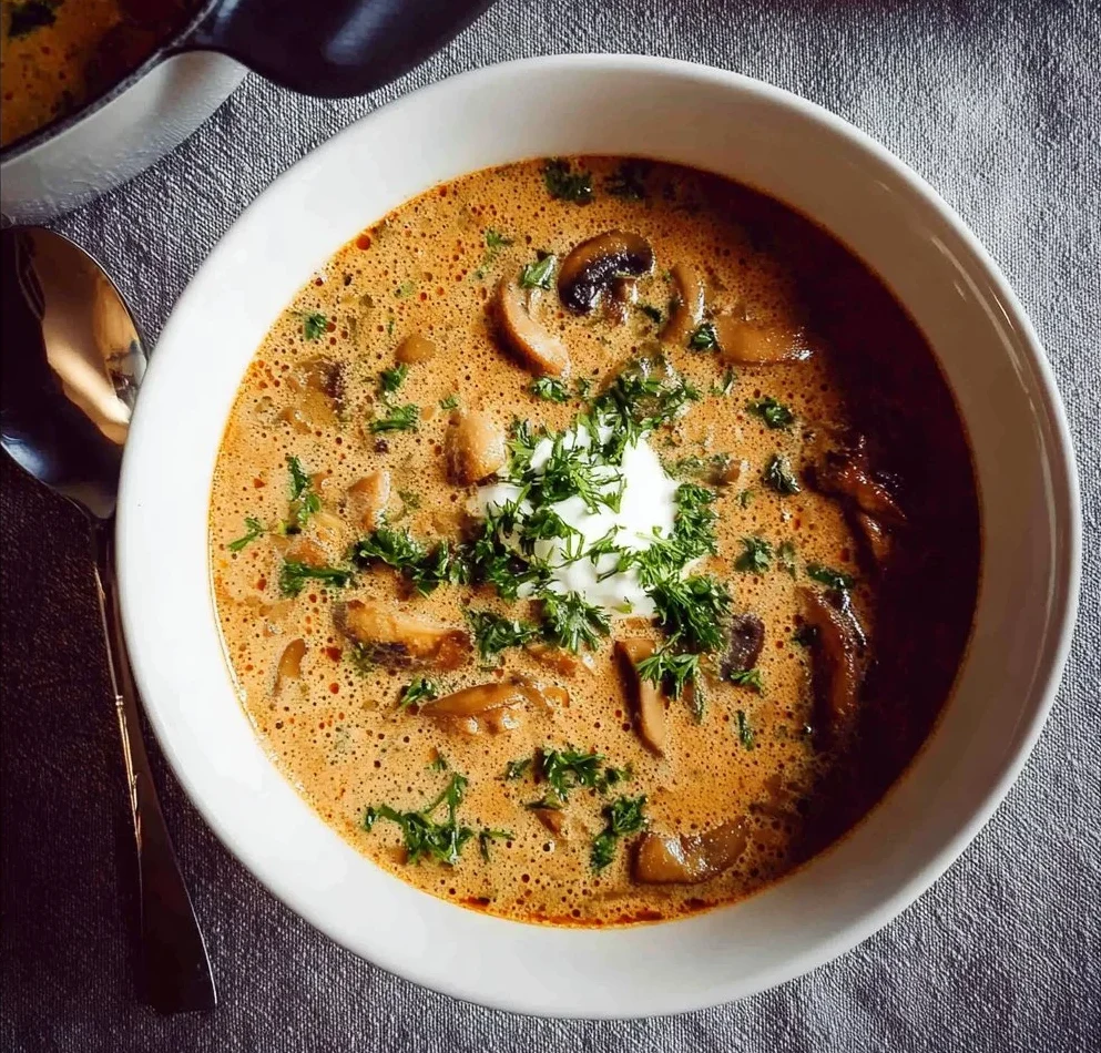 Bowl of creamy Hungarian mushroom soup garnished with parsley.