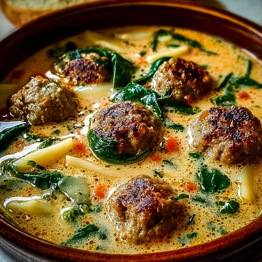 Creamy Italian meatball soup garnished with herbs in a bowl
