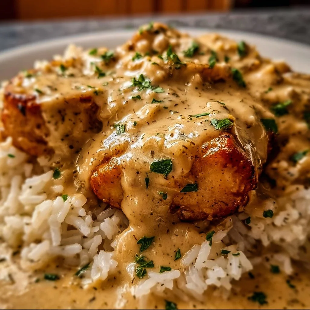 Creamy smothered chicken served with rice on a plate.