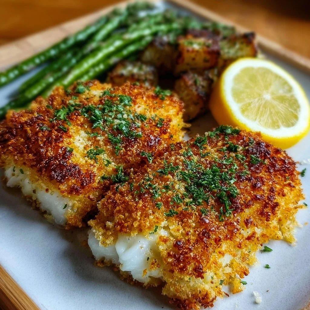 Crispy air fryer Parmesan crusted cod served on a plate with garnish