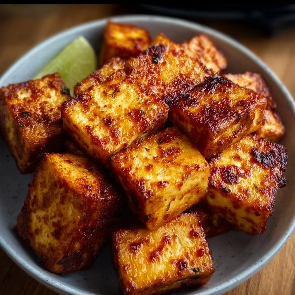 Plate of crispy air fryer tofu garnished with herbs