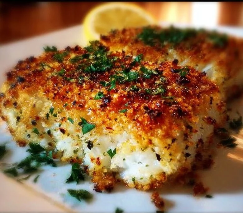 Crispy garlic parmesan halibut served on a plate with garnishes