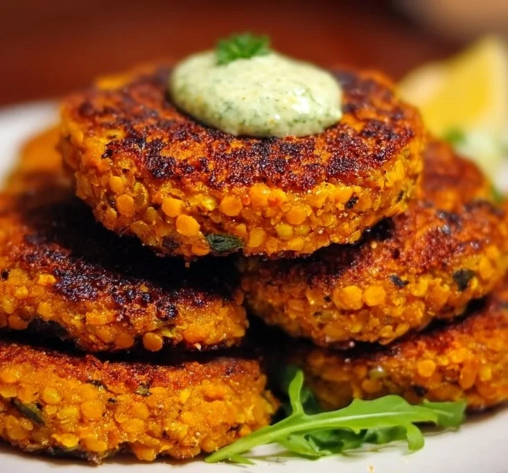 Crispy sweet potato and red lentil patties served on a plate