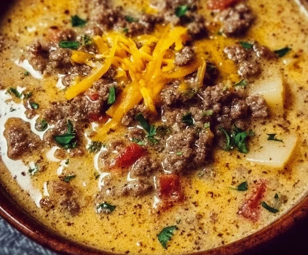 Bowl of creamy Crockpot cheeseburger soup topped with cheese and herbs