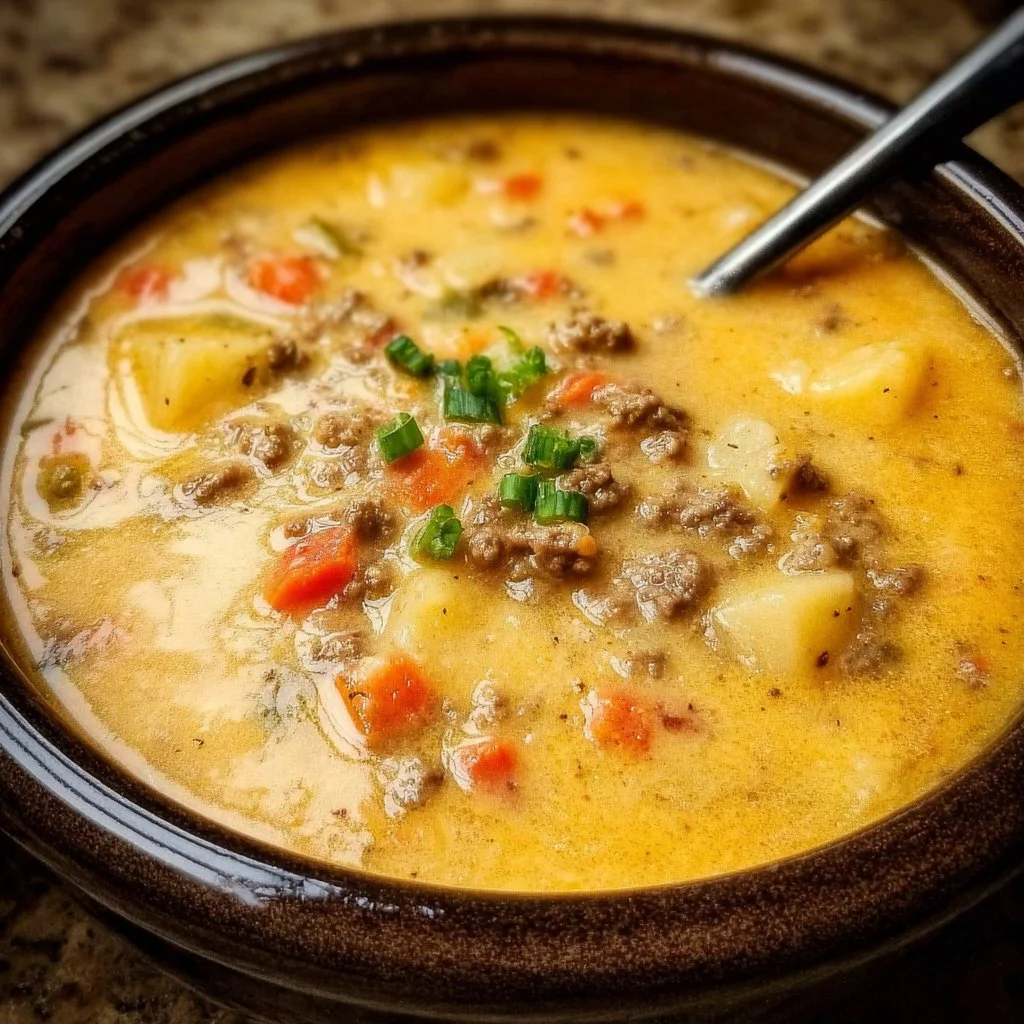Delicious bowl of crockpot cheeseburger soup topped with cheese and herbs
