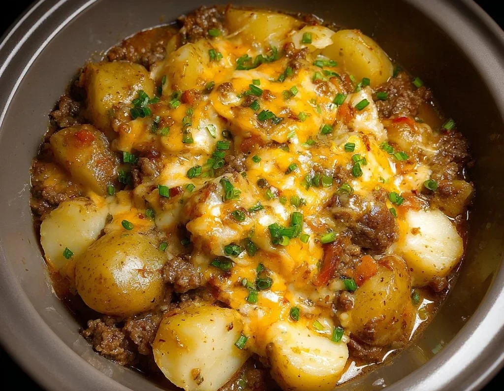 Crockpot hamburger potato casserole served in a bowl