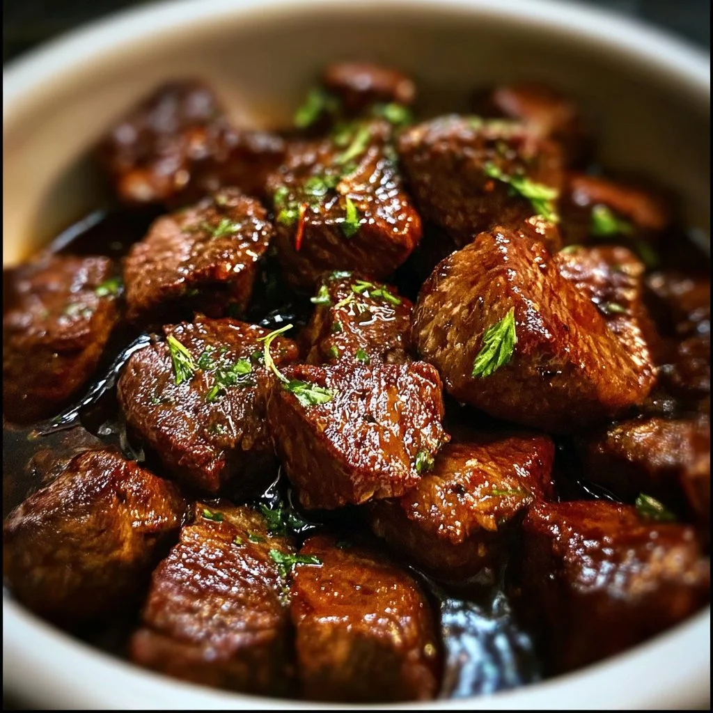 Delicious Crockpot steak bites served in a bowl with herbs