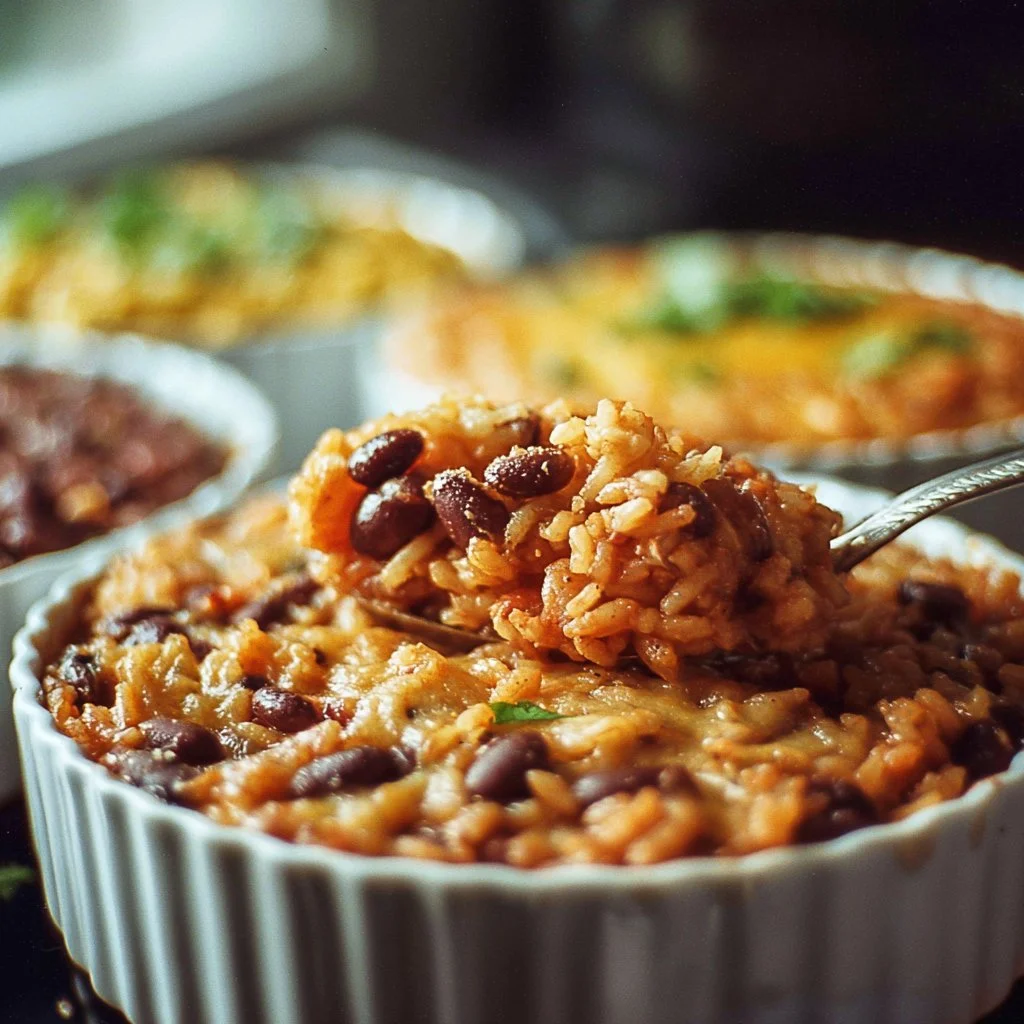Delicious rice bean casserole served in a rustic bowl with fresh herbs
