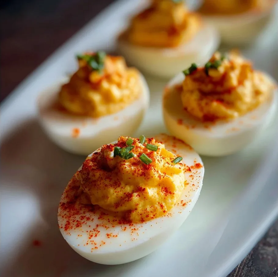 Deliciously prepared deviled eggs on a platter, ready to serve.