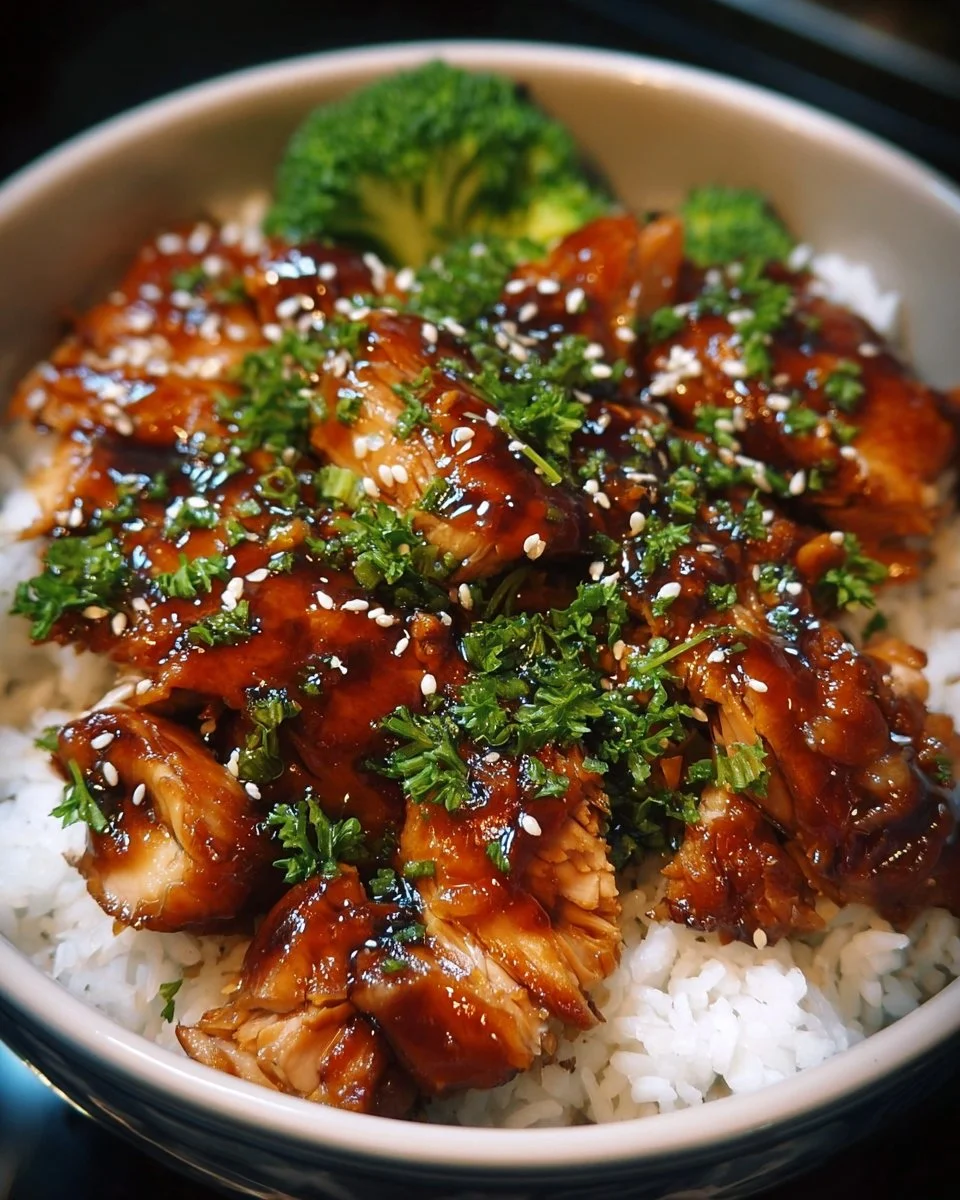 Crockpot teriyaki chicken dish topped with green onions and sesame seeds