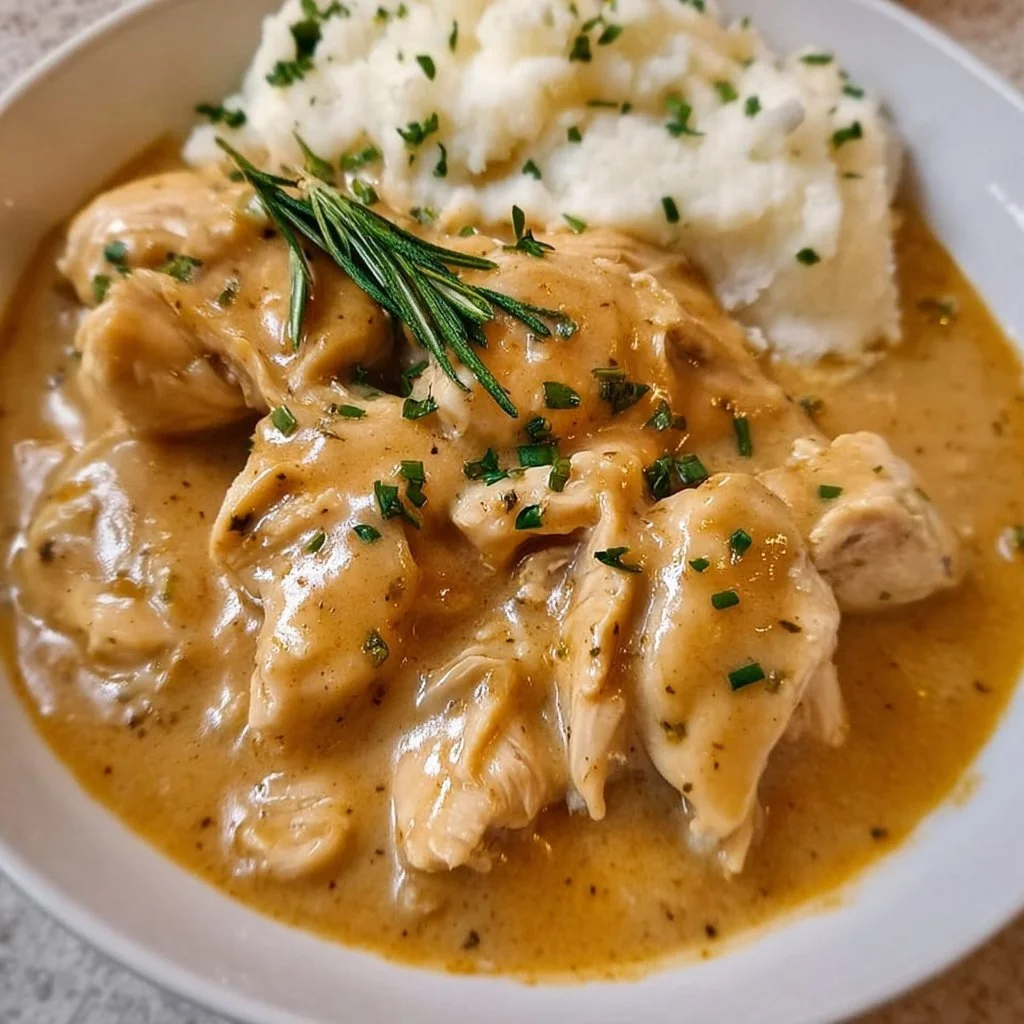 Easy Crockpot Chicken and Gravy served on a plate with vegetables