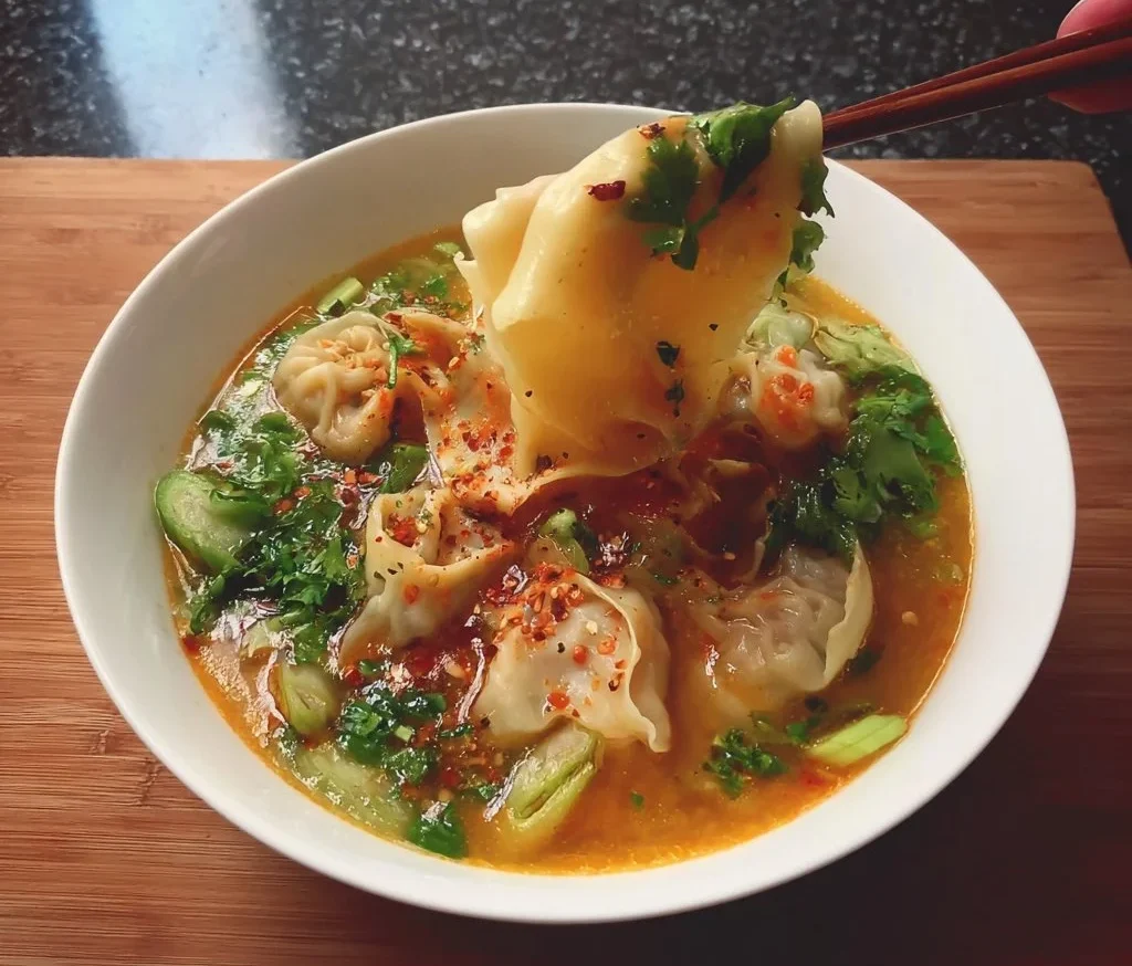 A bowl of easy dumpling soup garnished with herbs, showcasing homemade dumplings.