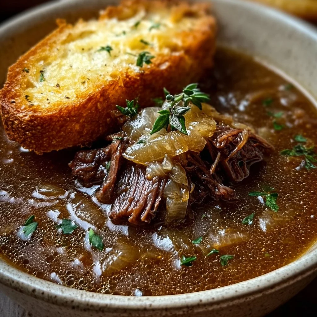 Bowl of French Onion Beef Short Rib Soup with melted cheese and herbs.