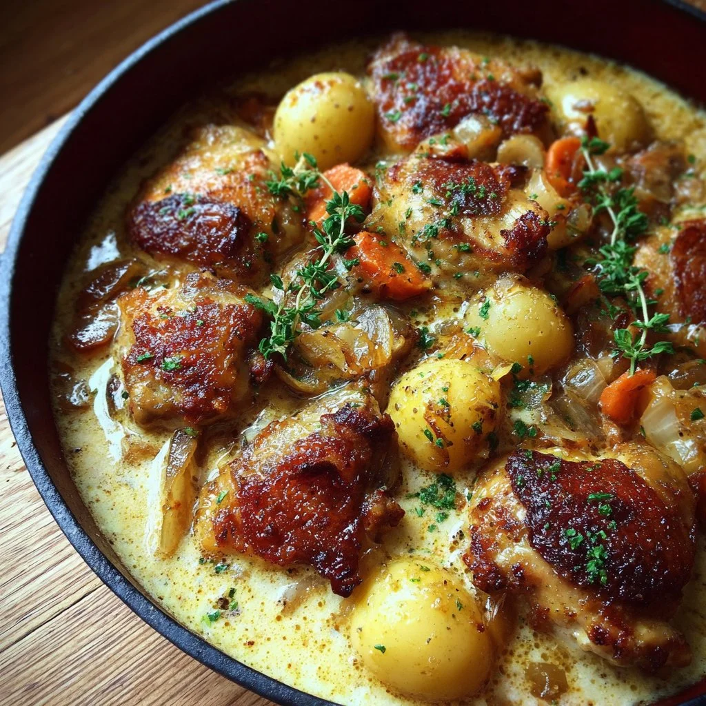 Delicious French style chicken casserole served with herbs and vegetables