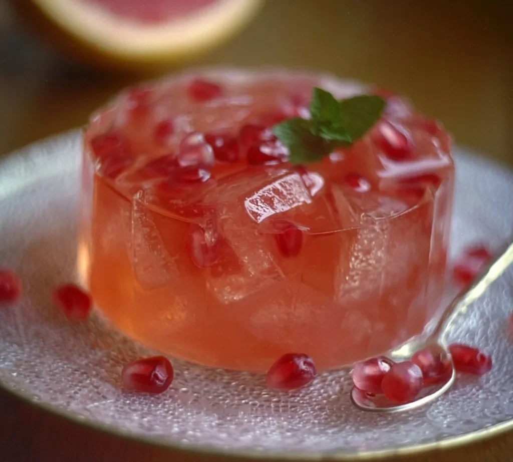 Fresh grapefruit gelatin dessert with vibrant color and garnished with mint leaves