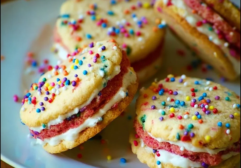 Funfetti shortbread sandwich cookies with colorful frosting
