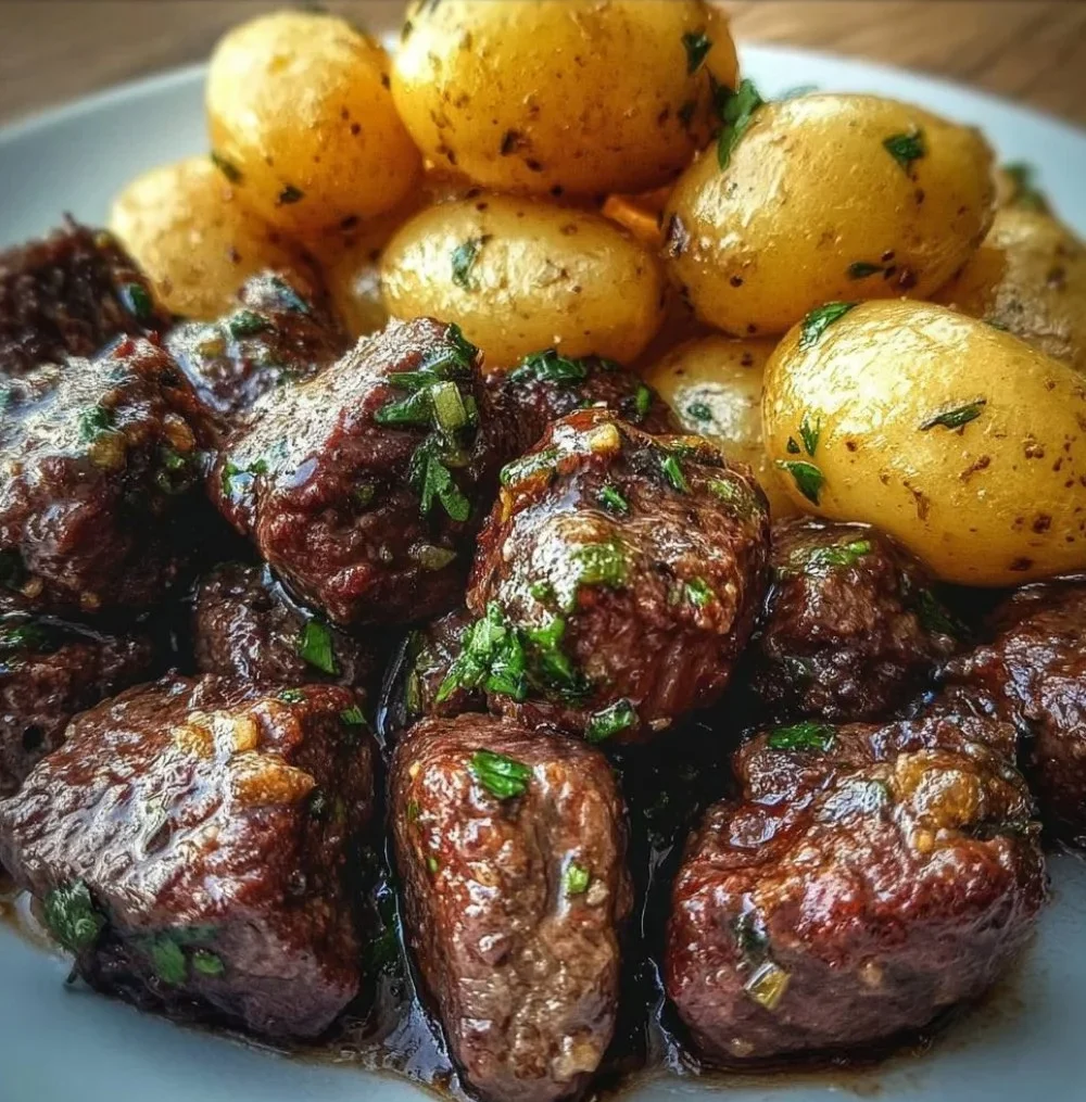 Delicious Garlic Butter Beef Bites with roasted potatoes on a plate.