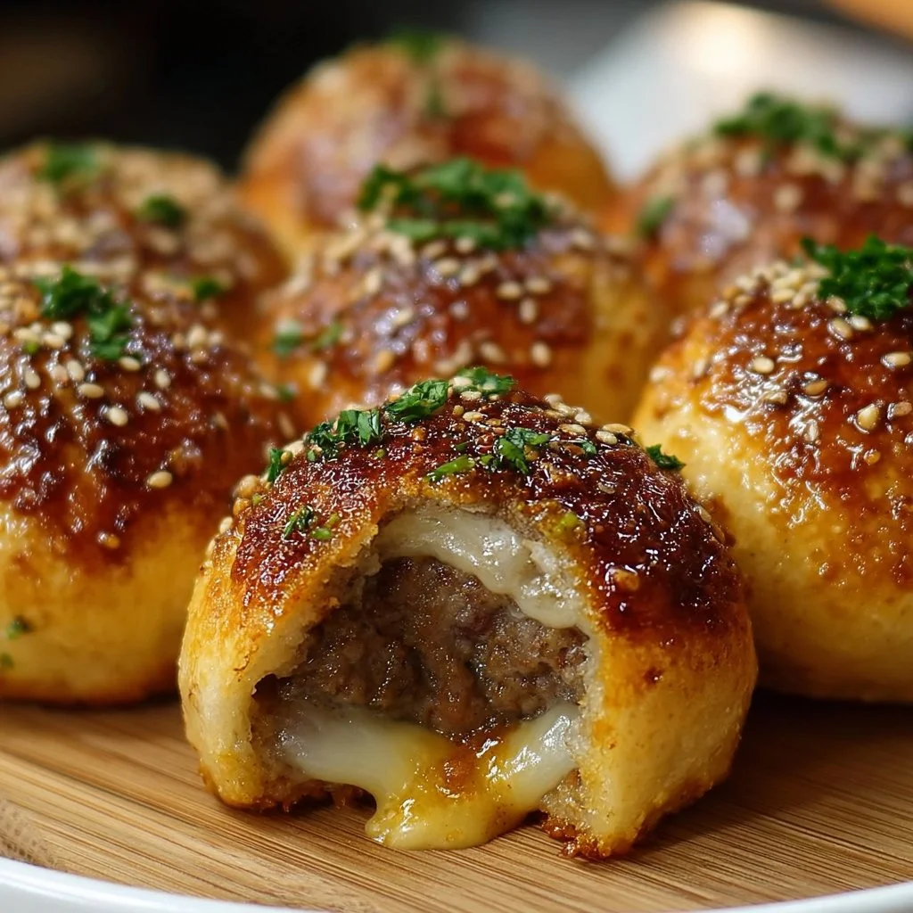 Garlic Parmesan Cheeseburger Bombs served on a plate with dipping sauce