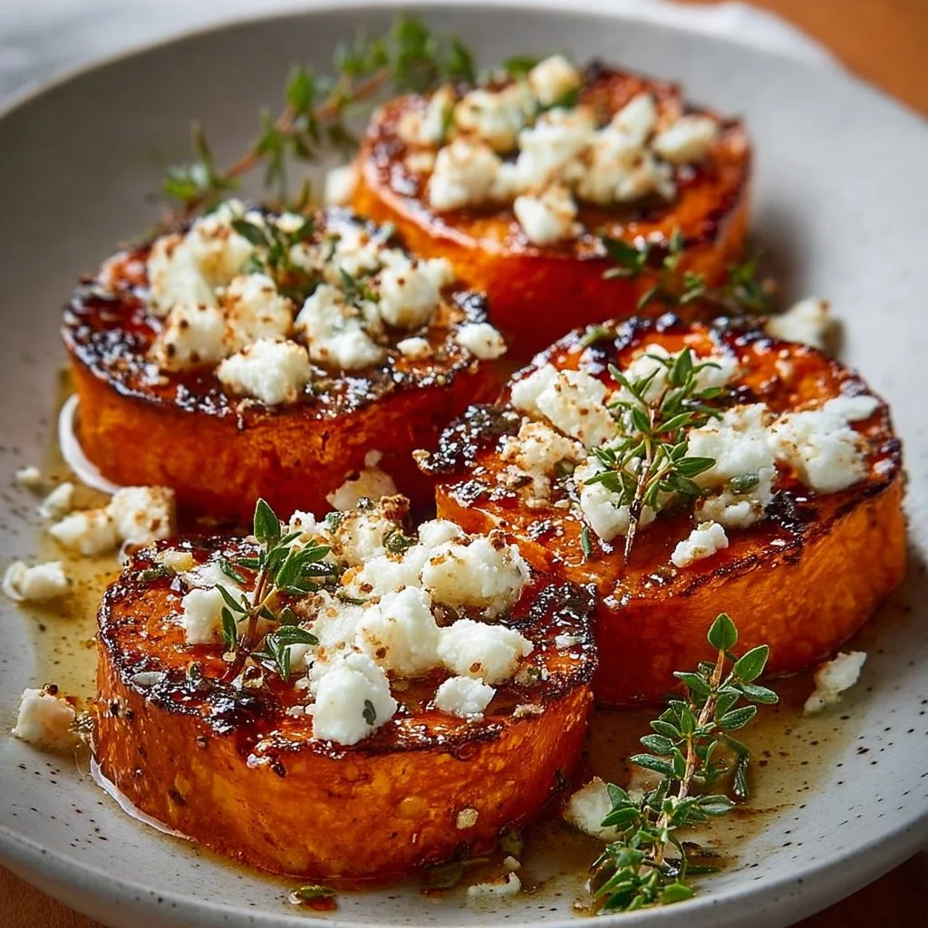 Gourmet honey feta sweet potato rounds served on a platter
