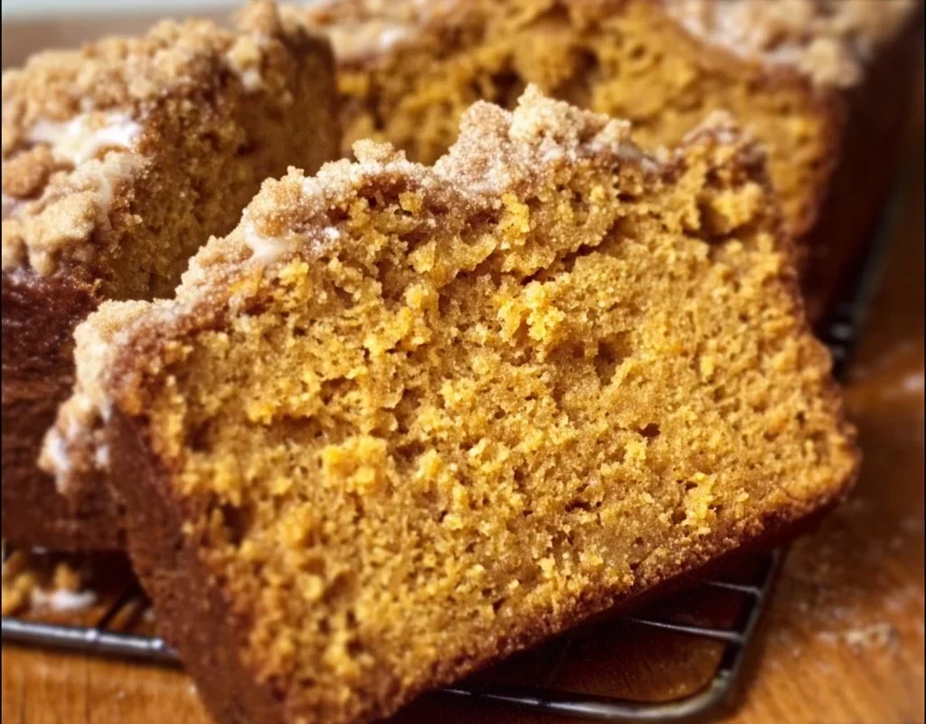 Grandma’s Pumpkin Bread with Streusel on a wooden table