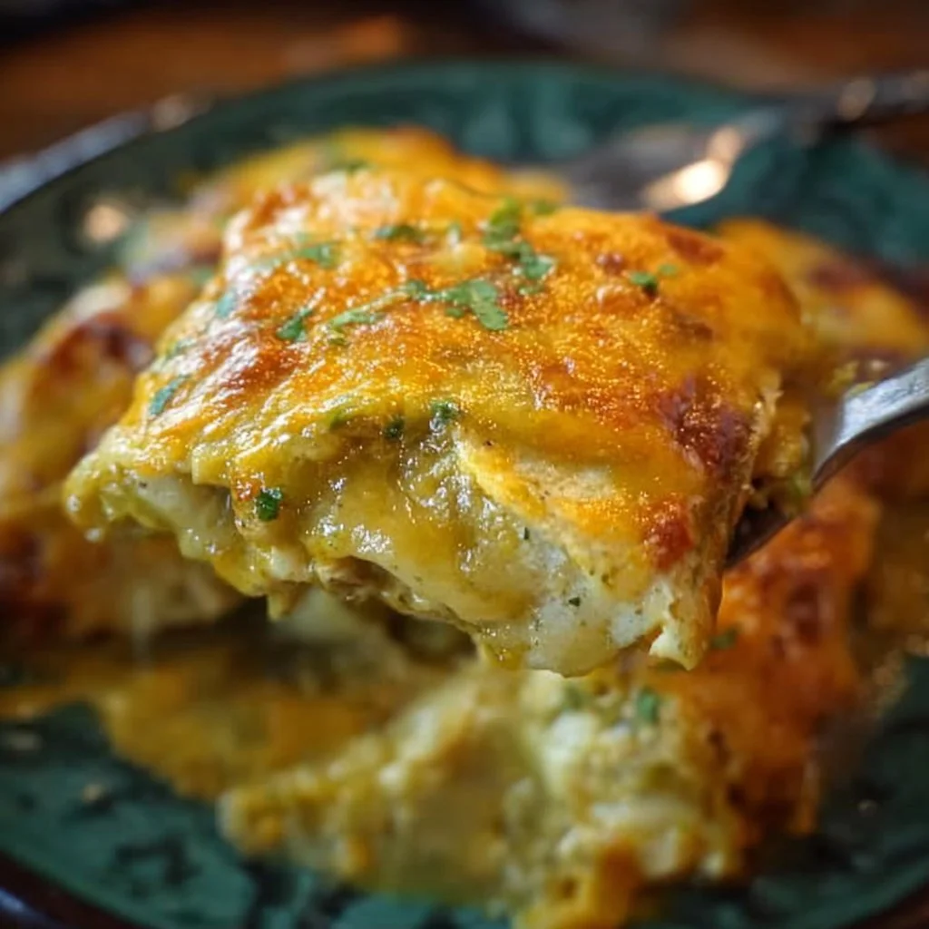 Plate of green chile chicken enchiladas topped with cheese and sauce