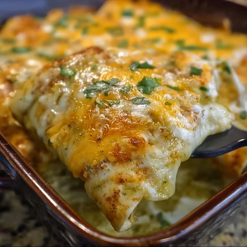 Delicious Green Chile Chicken Enchiladas topped with green sauce and cheese