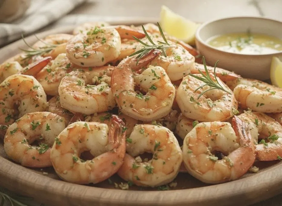 Grilled shrimp with garlic and herbs on a plate garnished with fresh parsley
