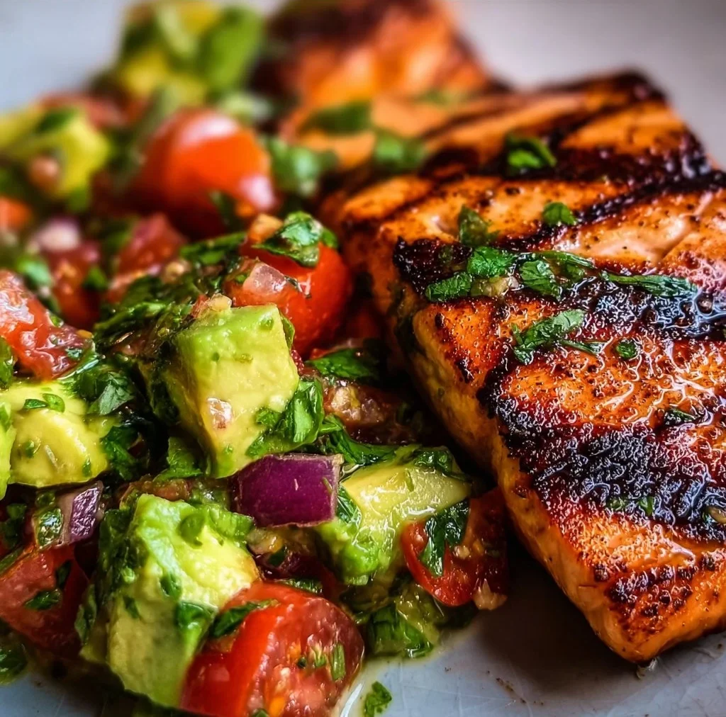 Grilled salmon fillet topped with refreshing avocado salsa on a plate.