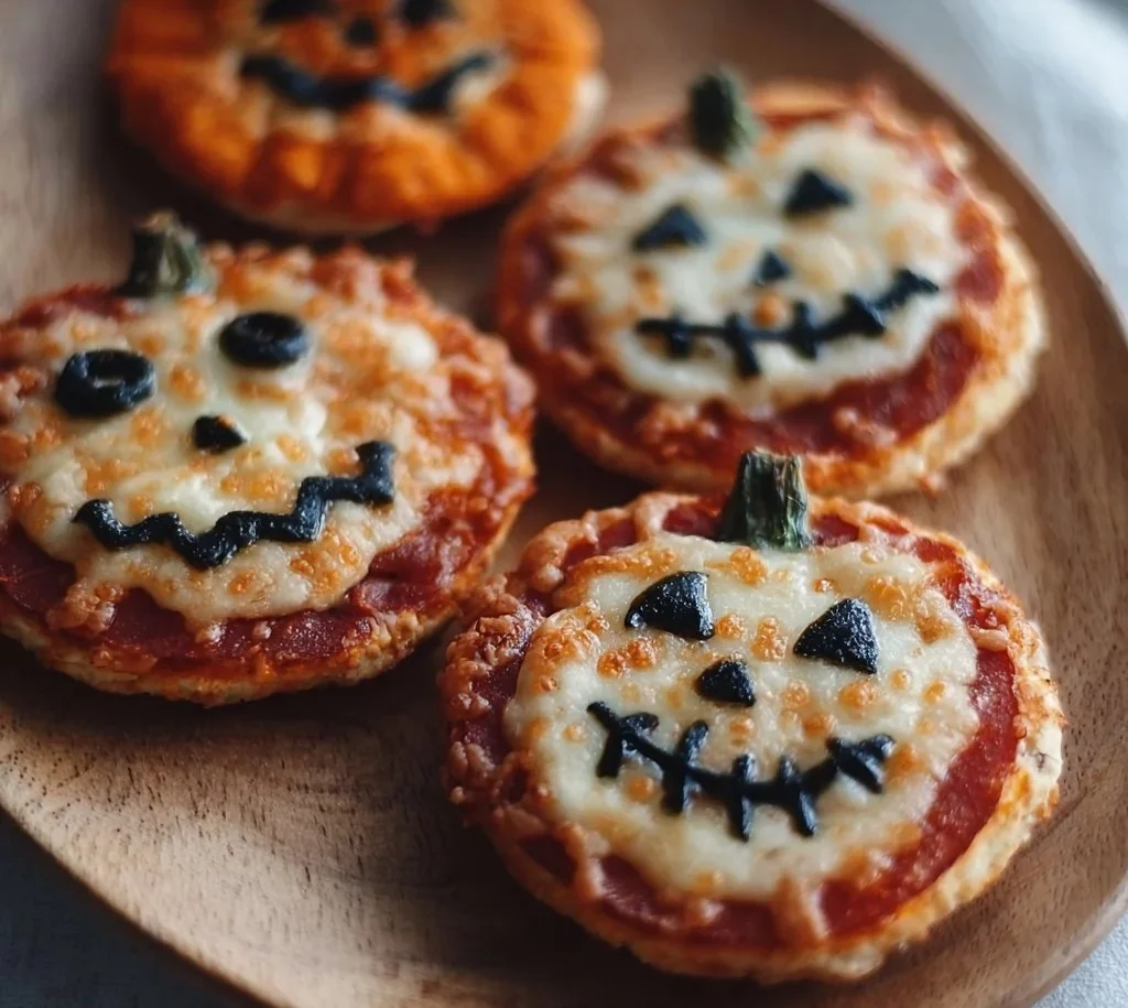 Halloween mini pizzas decorated for a spooky celebration