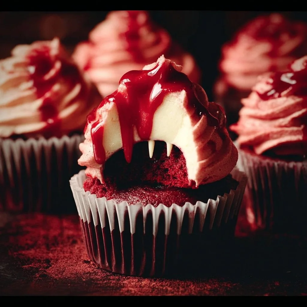 Halloween vampire bite cupcakes with red icing and chocolate details