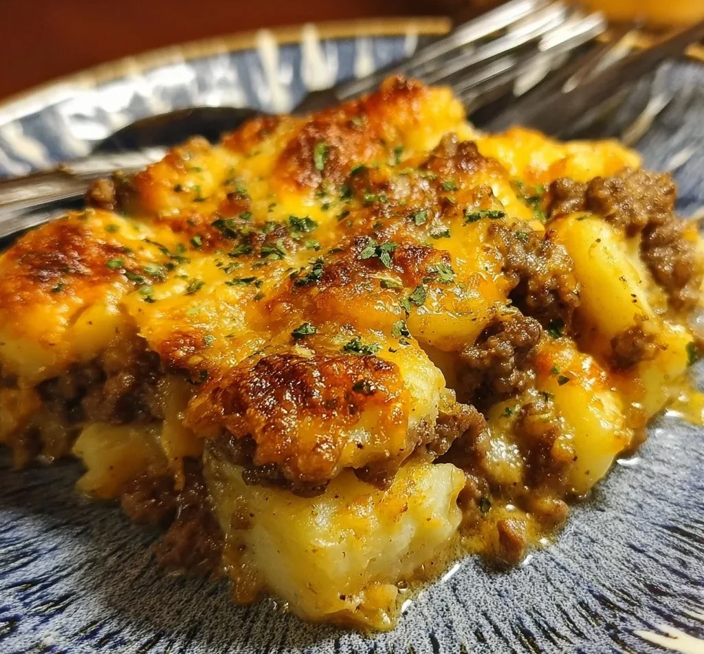 Delicious Hamburger Potato Casserole in a baking dish with melted cheese