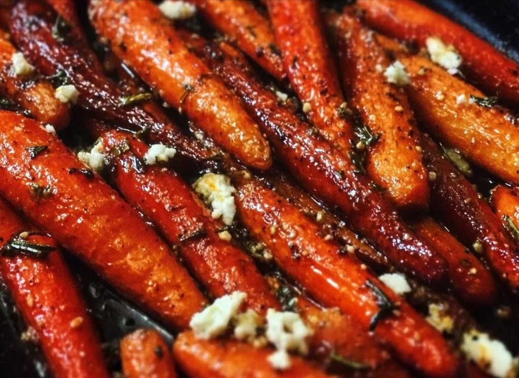 A plate of honey balsamic roasted carrots garnished with herbs