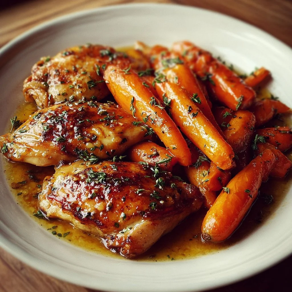 Delicious honey glazed carrots served with chicken on a dinner plate