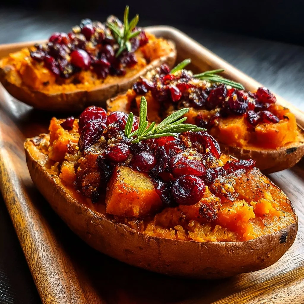 Cranberry apple twice-baked sweet potatoes topped with nuts and cranberries