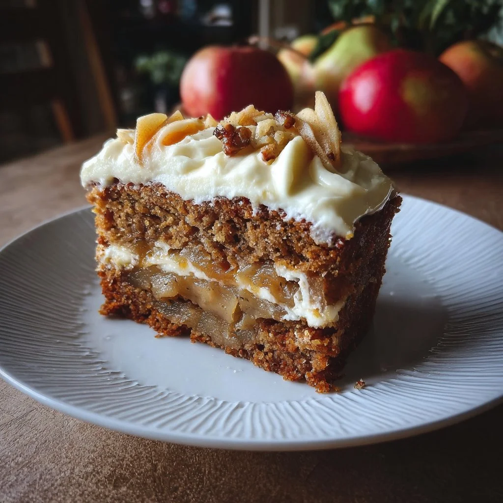 Delicious fresh apple cake with creamy frosting on a rustic wooden table