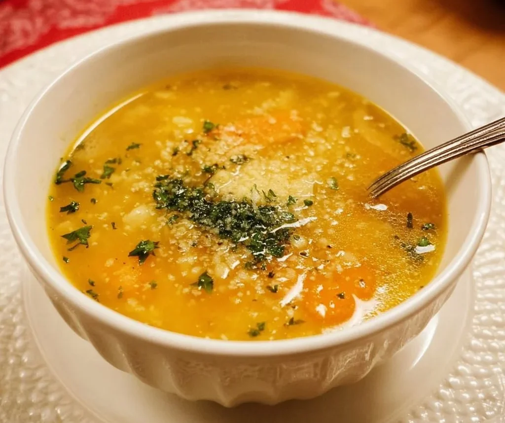 Bowl of delicious Italian Penicillin Soup with fresh herbs and vegetables