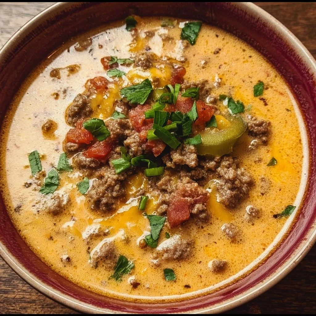 Delicious Keto Cheeseburger Soup served in a bowl, perfect for low-carb diets.