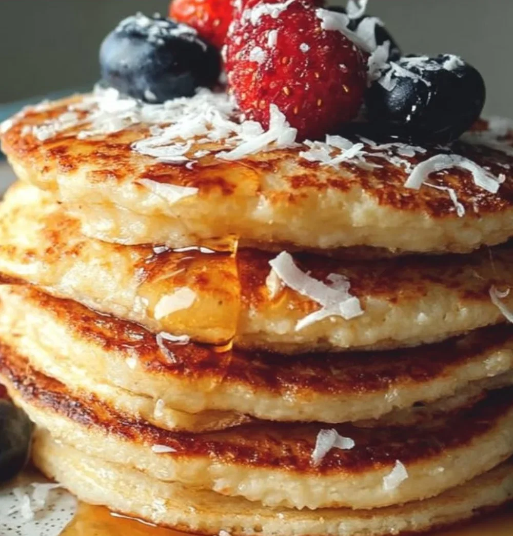 Delicious Keto Coconut Flour Pancakes stacked on a plate with syrup and berries